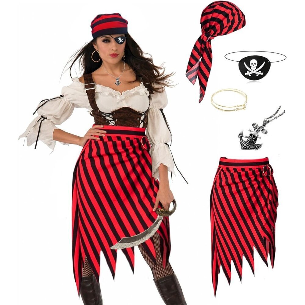 Women's Pirate Costume Set with Accessories | Unisex Halloween Party Outfit